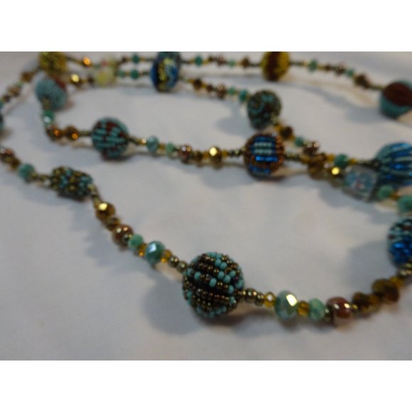 Seed Bead Ball & Murano Wedding Cake Jade Glass Stunning NECKLACE 40" long - Picture 7 of 11
